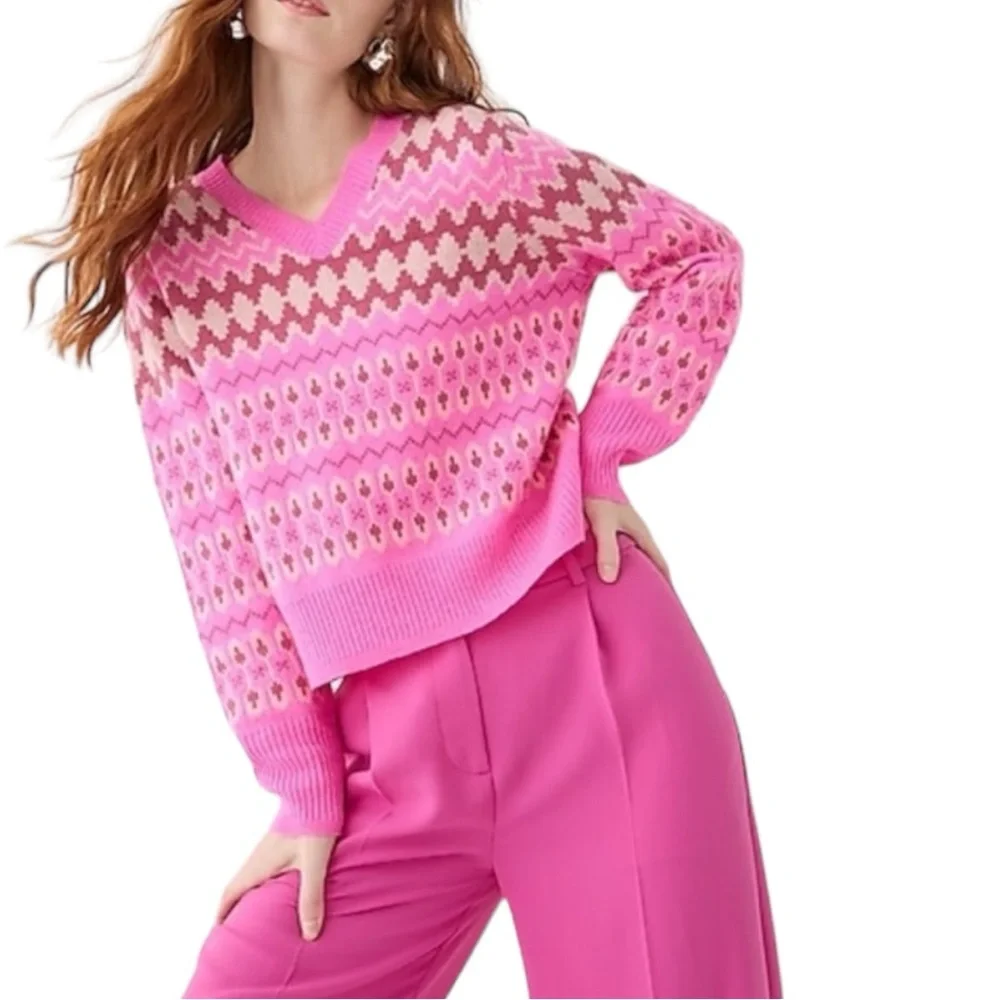 J. Crew • Cashmere Cropped Fair Isle V-neck Sweater - Picture 8 of 15